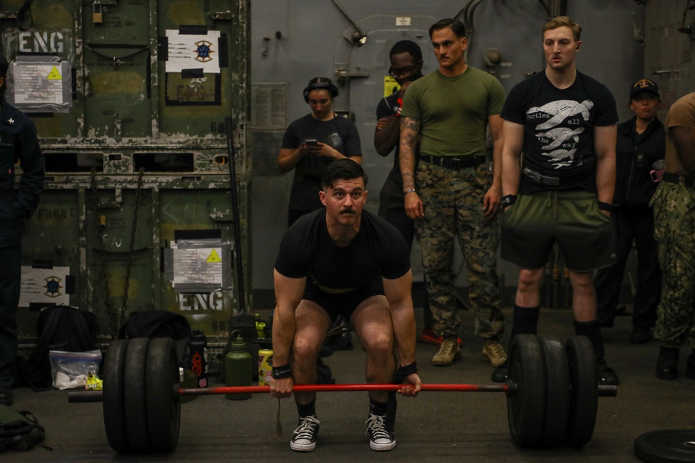 Marines and Sailors with the WSPARG-24th MEU (SOC) Participates in a Lifting Competition Aboard the USS Oak Hill (LSD 51)
