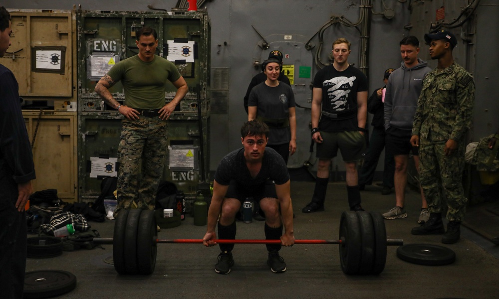Marines and Sailors with the WSPARG-24th MEU (SOC) Participates in a Lifting Competition Aboard the USS Oak Hill (LSD 51)