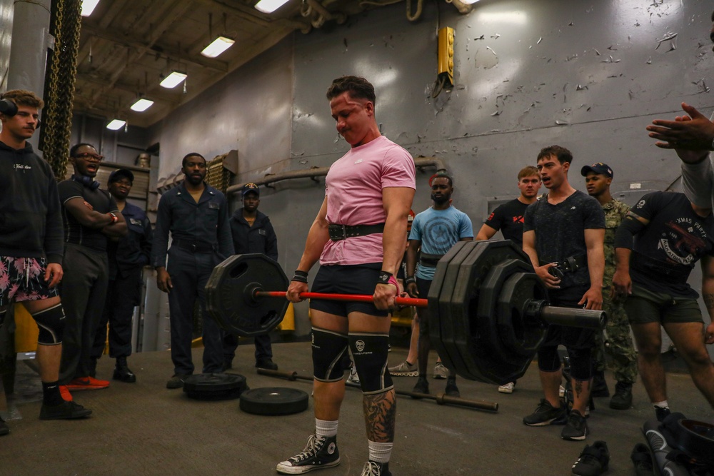 Marines and Sailors with the WSPARG-24th MEU (SOC) Participates in a Lifting Competition Aboard the USS Oak Hill (LSD 51)