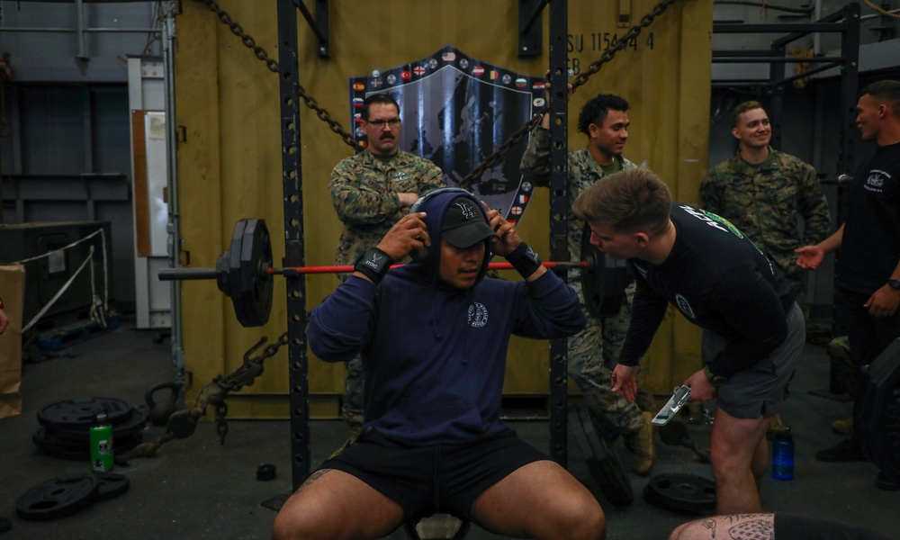 Marines and Sailors with the WSPARG-24th MEU (SOC) Participates in a Lifting Competition Aboard the USS Oak Hill (LSD 51)