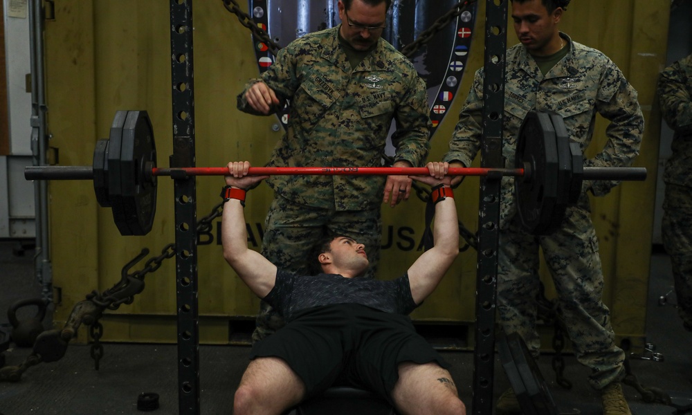 Marines and Sailors with the WSPARG-24th MEU (SOC) Participates in a Lifting Competition Aboard the USS Oak Hill (LSD 51)