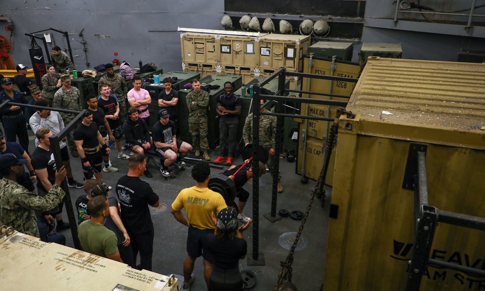 Marines and Sailors with the WSPARG-24th MEU (SOC) Participates in a Lifting Competition Aboard the USS Oak Hill (LSD 51)