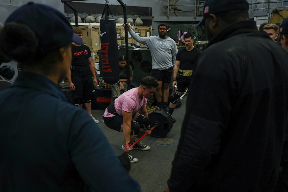 Marines and Sailors with the WSPARG-24th MEU (SOC) Participates in a Lifting Competition Aboard the USS Oak Hill (LSD 51)