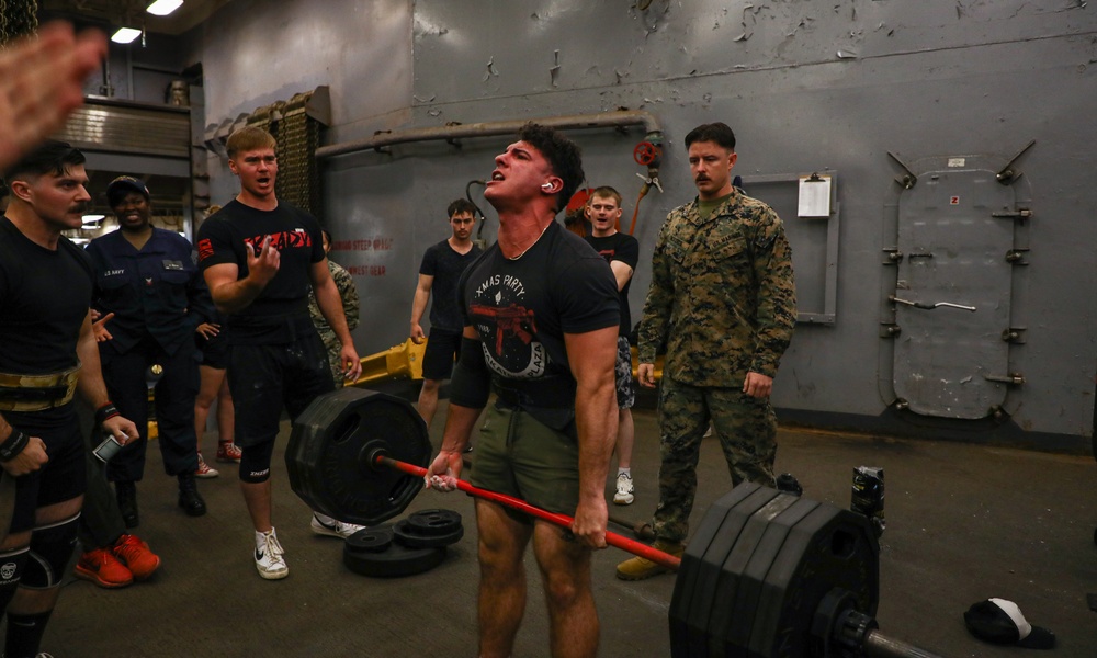Marines and Sailors with the WSPARG-24th MEU (SOC) Participates in a Lifting Competition Aboard the USS Oak Hill (LSD 51)