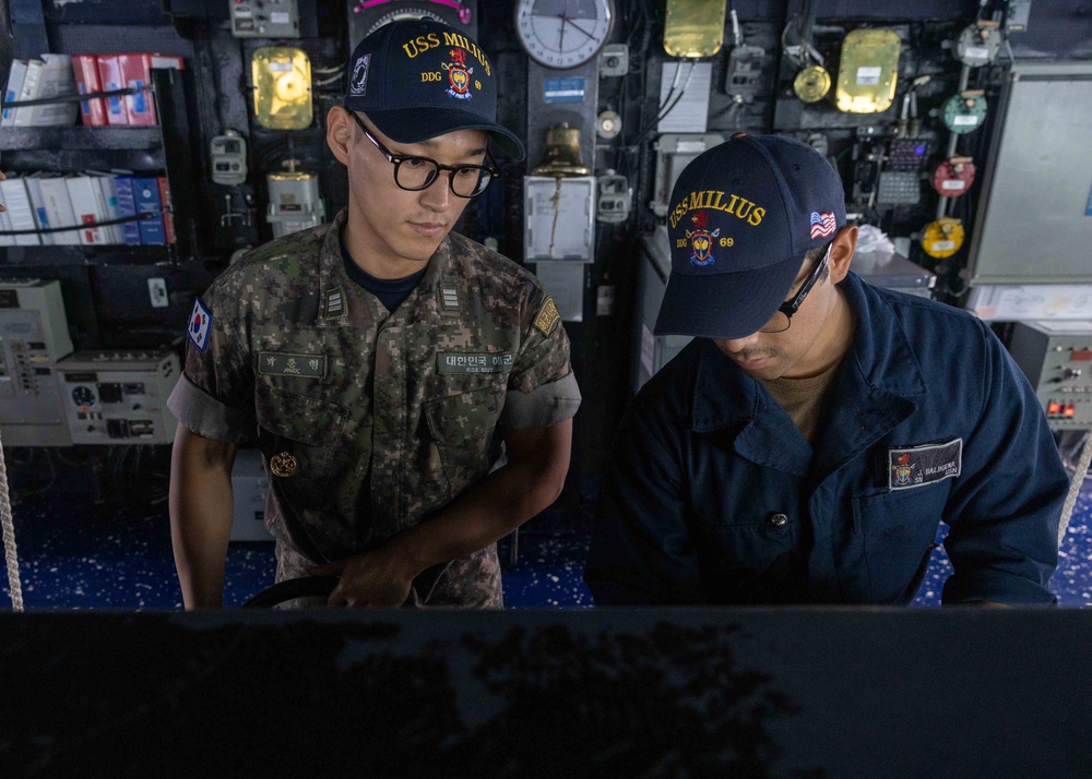 Korea Navy midshipmen helmsman training