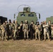 U.S. Soldiers and Romanian soldiers pose in front of HIMARS