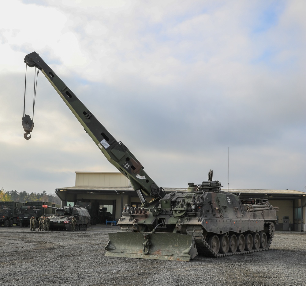 German Army indirect fire systems and support vehicles on display during Exercise Dynamic Front 25