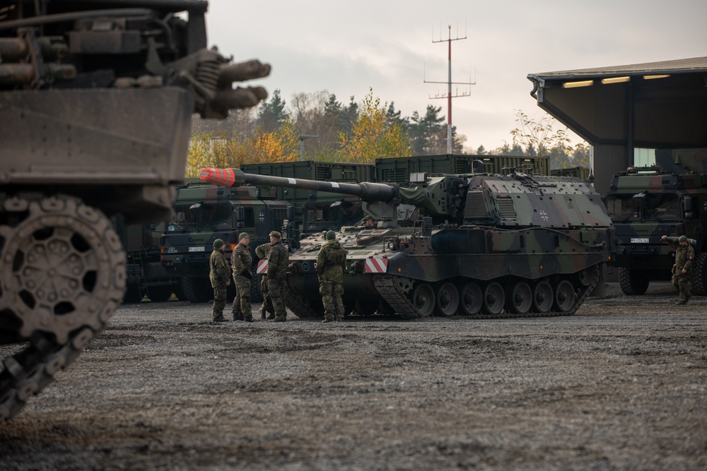 German Army indirect fire systems and support vehicles on display during Exercise Dynamic Front 25