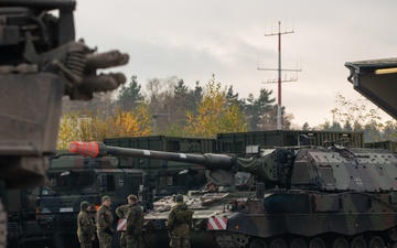 German Army indirect fire systems and support vehicles on display during Exercise Dynamic Front 25