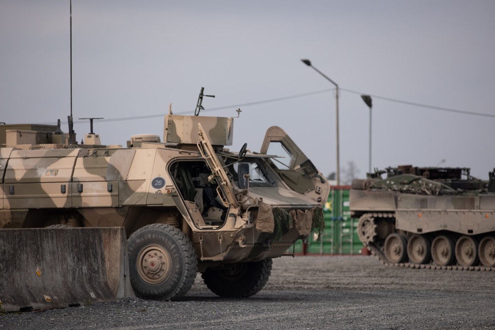 German Army indirect fire systems and support vehicles on display during Exercise Dynamic Front 25