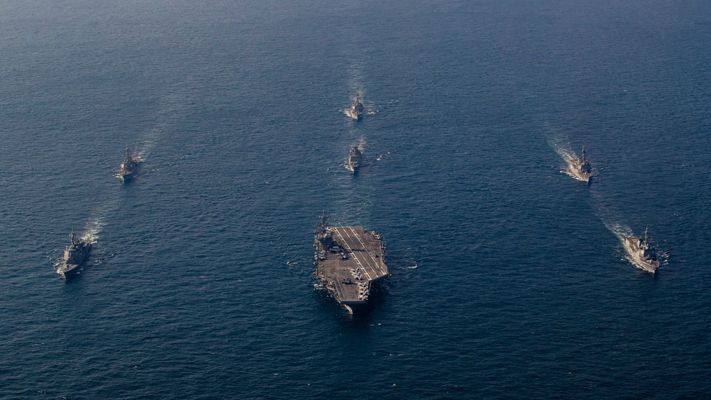 USS George Washington steams in formation with JMSDF, ROK-N during Freedom Edge 2024