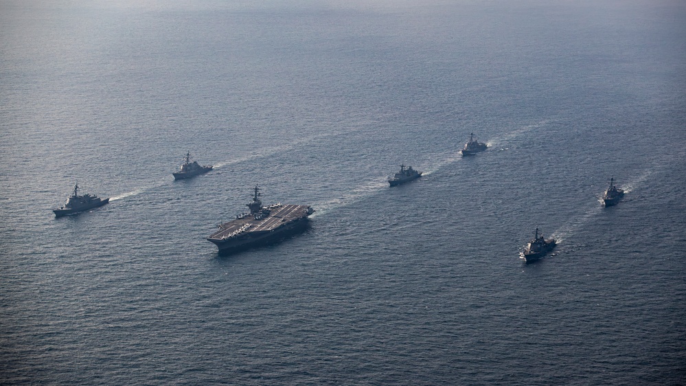 USS George Washington steams in formation with JMSDF, ROK-N during Freedom Edge 2024
