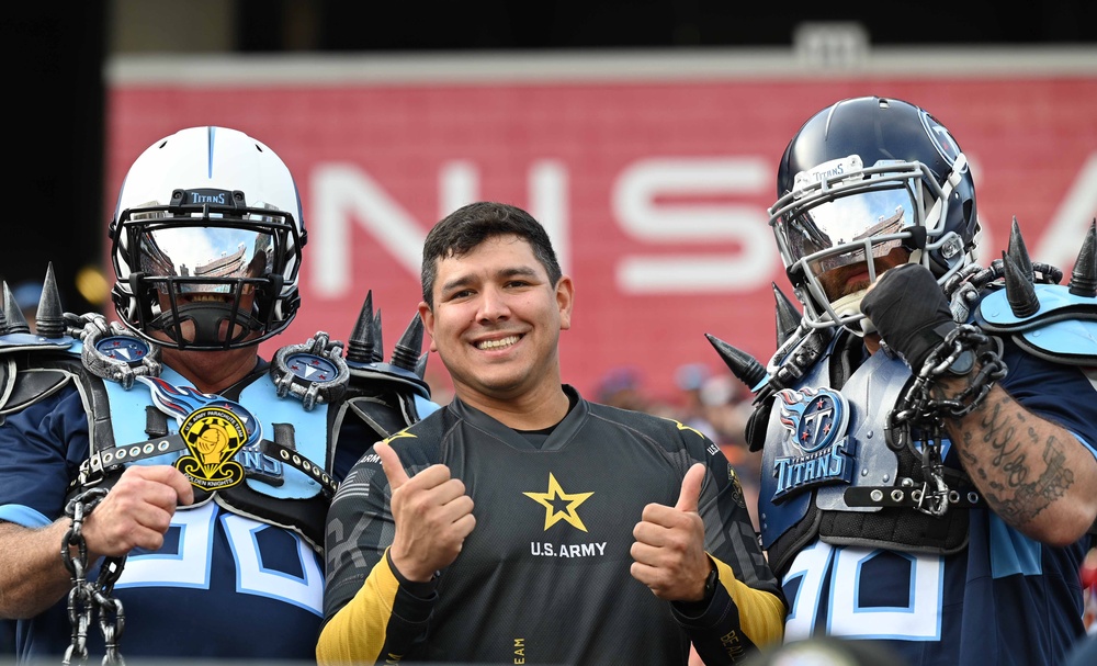 Members of the U.S. Army Parachute Team perform a demonstration jump into Nissan Stadium Sunday, November 17th, 2024.