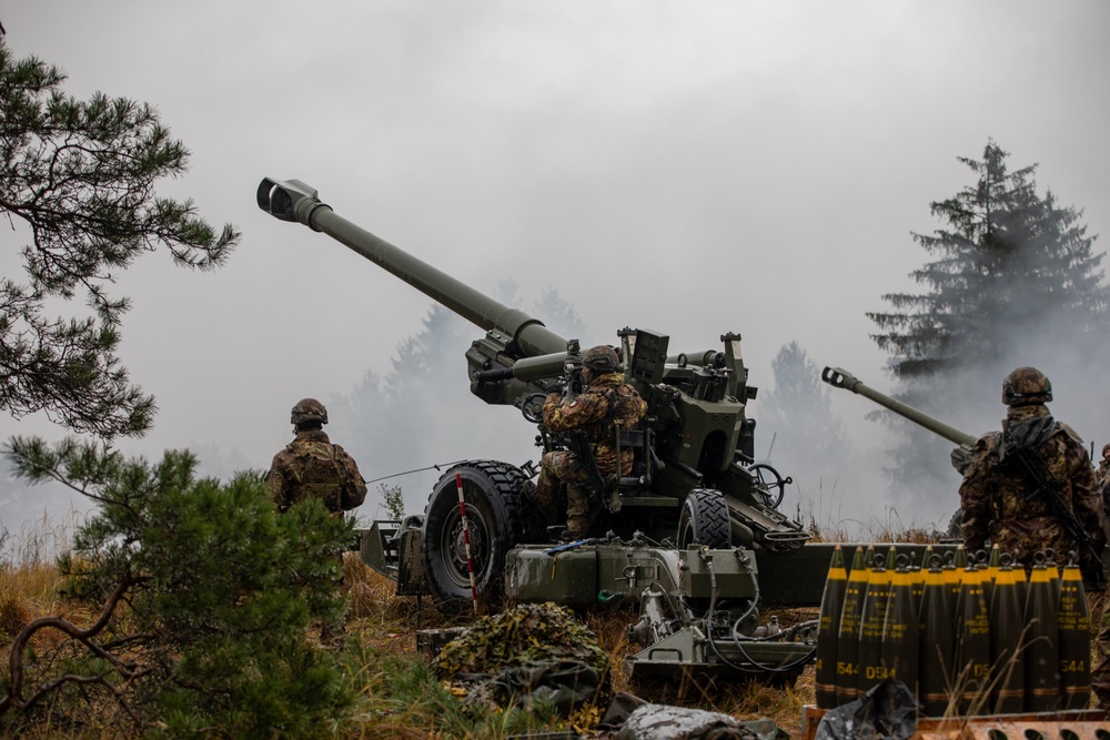 Italian Army 155mm FH70 towed howitzers conduct live fires during Exercise Dynamic Front 25