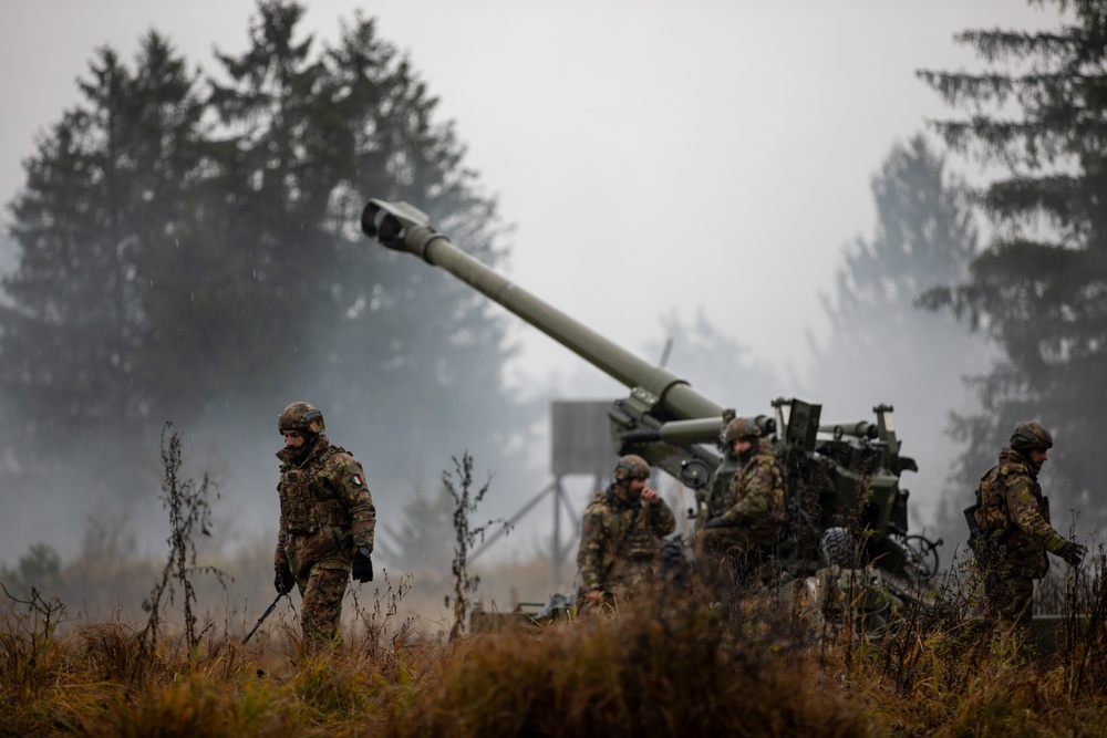 Italian Army 155mm FH70 towed howitzers conduct live fires during Exercise Dynamic Front 25