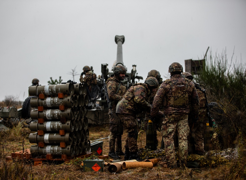 Italian Army 155mm FH70 towed howitzers conduct live fires during Exercise Dynamic Front 25