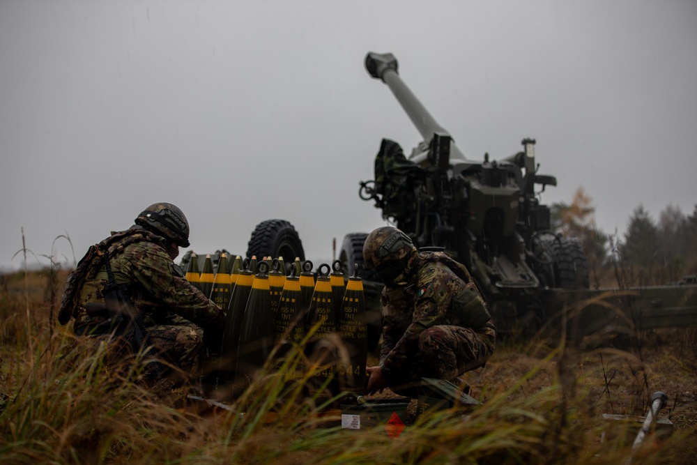 Italian Army 155mm FH70 towed howitzers conduct live fires during Exercise Dynamic Front 25