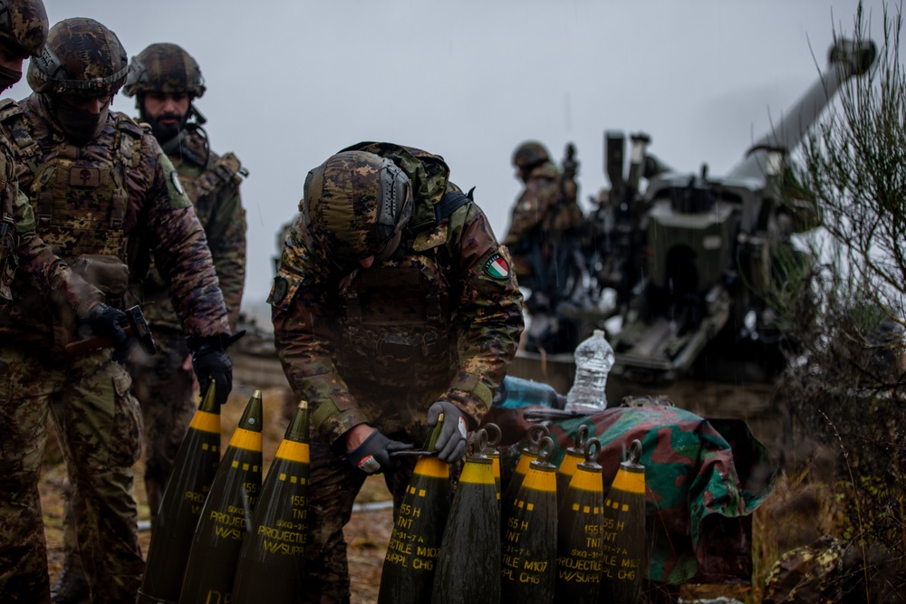 Italian Army 155mm FH70 towed howitzers conduct live fires during Exercise Dynamic Front 25