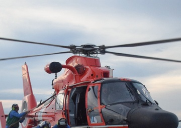 Coast Guard Cutter Seneca and Coast Guard Helicopter Interdiction Tactical Squadron crew members conduct flight operations at sea