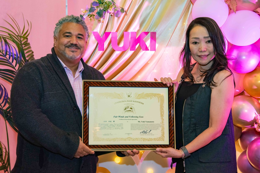 CFAY MWR Secretary Yuki Yamamoto receives Certificate of Farewell and Appreciation, Nov. 20, 2024