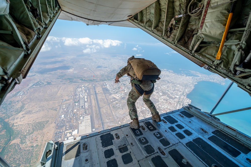 82nd Expeditionary Rescue Squadron Pararescueman Jumps from KC-130J &quot;Bronco&quot; during Partner Appreciation Day