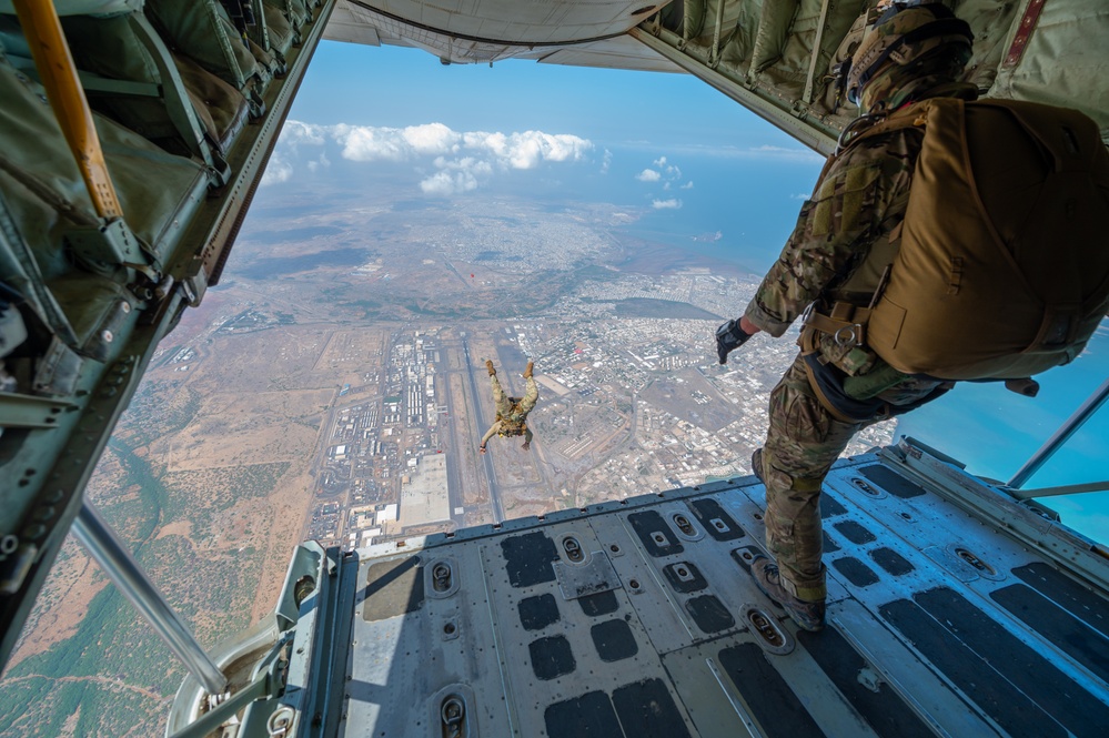 82nd Expeditionary Rescue Squadron Pararescuemen Jump from KC-130J &quot;Bronco&quot; during Partner Appreciation Day