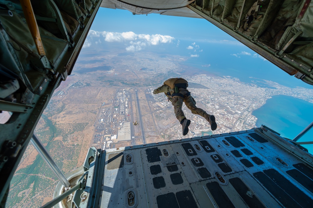 82nd Expeditionary Rescue Squadron Pararescuemen Jump from KC-130J &quot;Bronco&quot; during Partner Appreciation Day