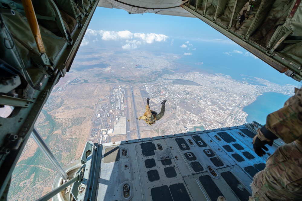 82nd Expeditionary Rescue Squadron Pararescuemen Jump from KC-130J &quot;Bronco&quot; during Partner Appreciation Day