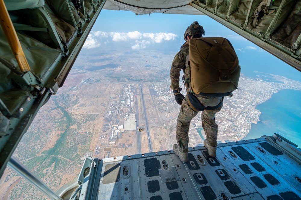 82nd Expeditionary Rescue Squadron Pararescuemen Jump from KC-130J &quot;Bronco&quot; during Partner Appreciation Day