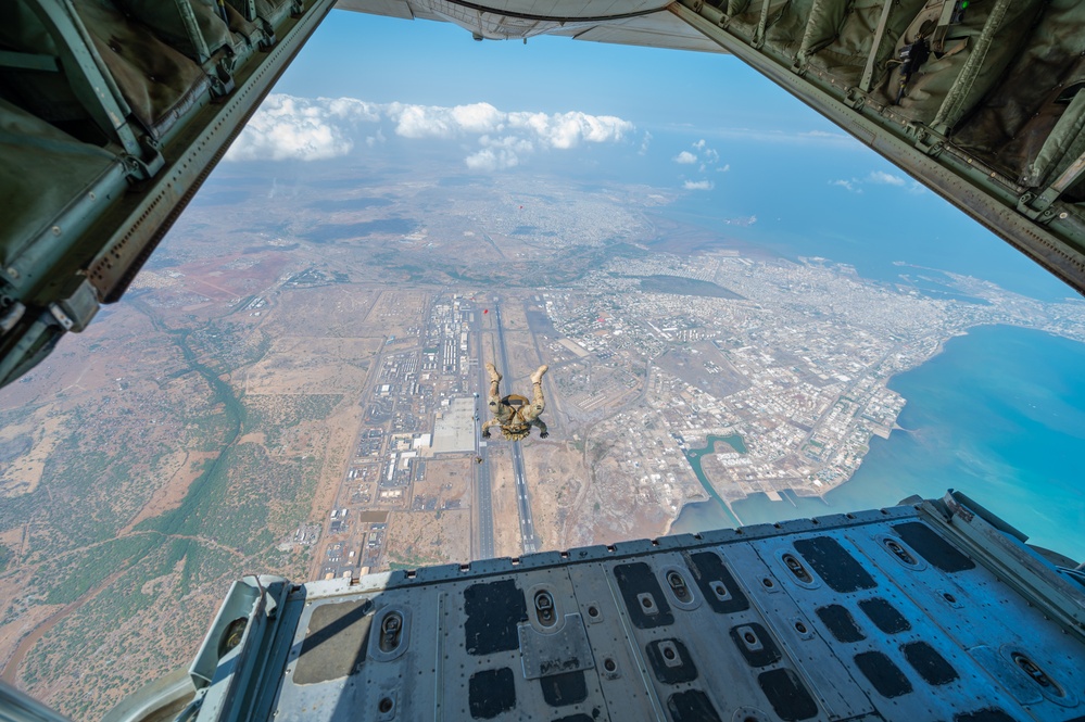 82nd Expeditionary Rescue Squadron Pararescuemen Jump from KC-130J &quot;Bronco&quot; during Partner Appreciation Day