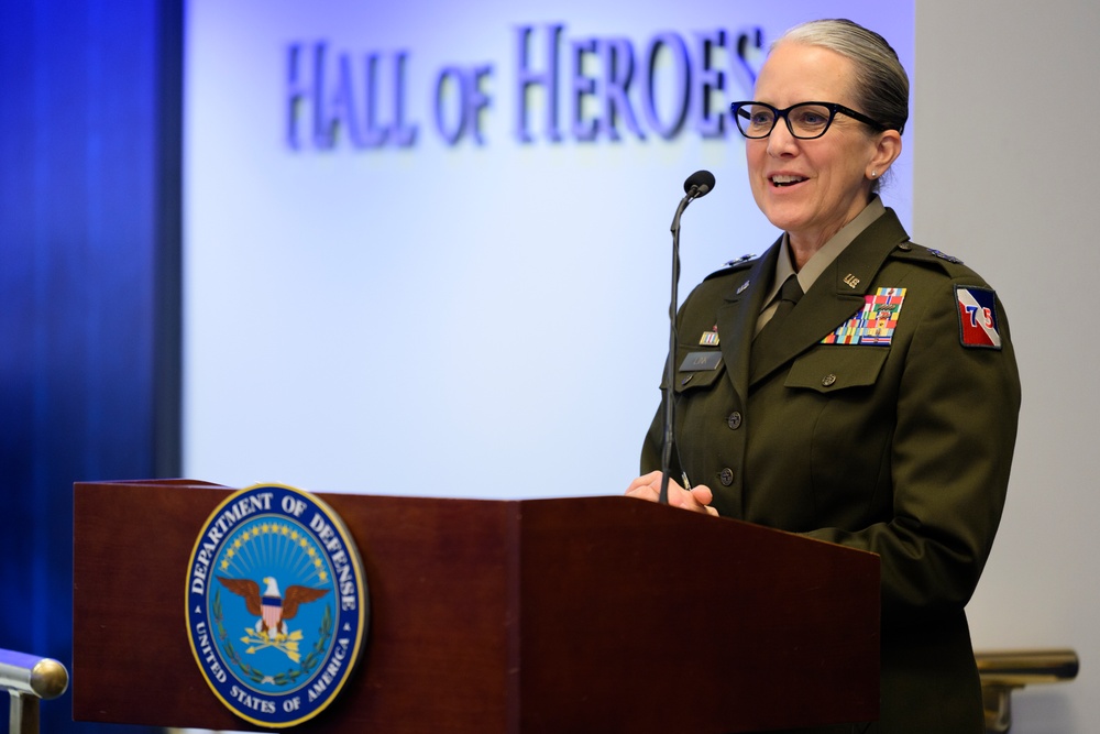 U.S. Army Astronaut MAJ Kathleen Rubins is awarded the Basic Aviator Badge with the Astronaut Device and Space Operations Badge the Pentagon