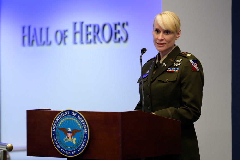 U.S. Army Astronaut MAJ Kathleen Rubins is awarded the Basic Aviator Badge with the Astronaut Device and Space Operations Badge at the Pentagon