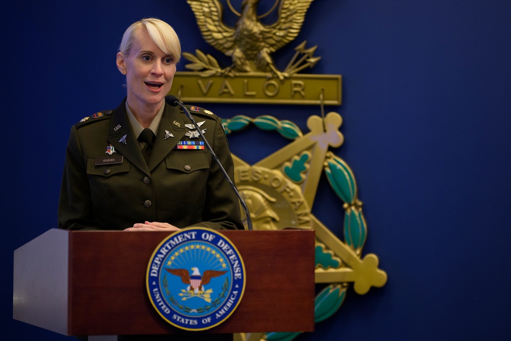 U.S. Army Astronaut MAJ Kathleen Rubins is awarded the Basic Aviator Badge with the Astronaut Device and Space Operations Badge at the Pentagon