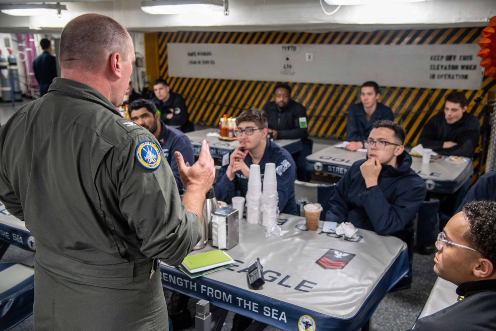 The Executive Officer of USS Carl Vinson (CVN 70) speaks to Sailors During His Weekly Coffee Talk