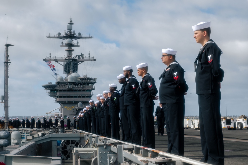 USS Carl Vinson (CVN 70) Sailors Man the Rails while departing San Diego