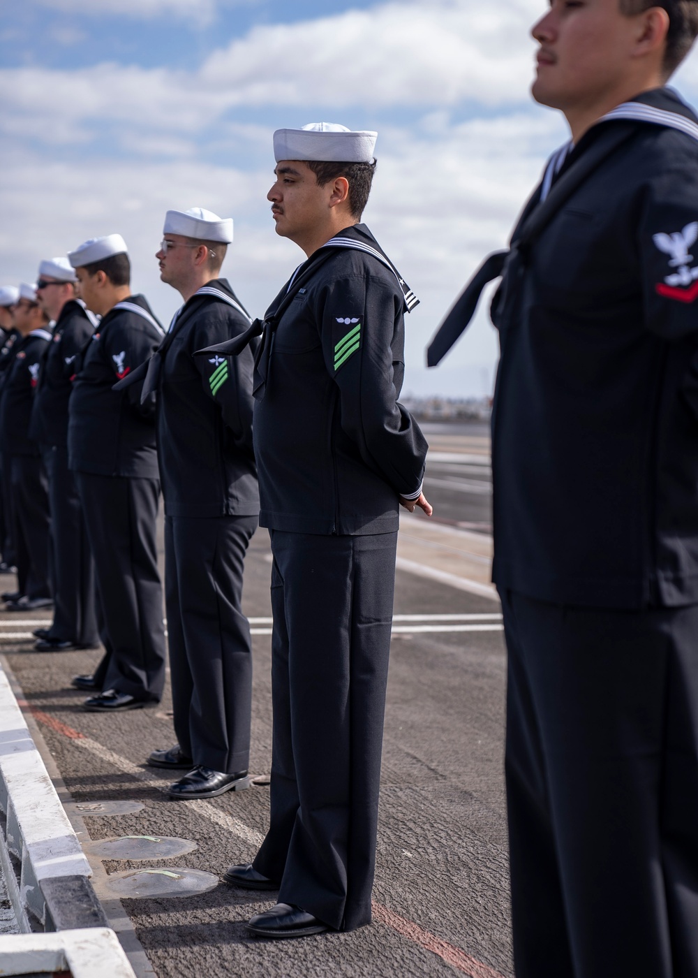 USS Carl Vinson (CVN 70) Sailors Man the Rails while departing San Diego