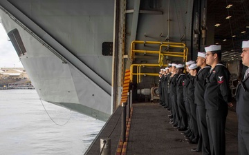 USS Carl Vinson (CVN 70) Sailors Man the Rails while departing San Diego