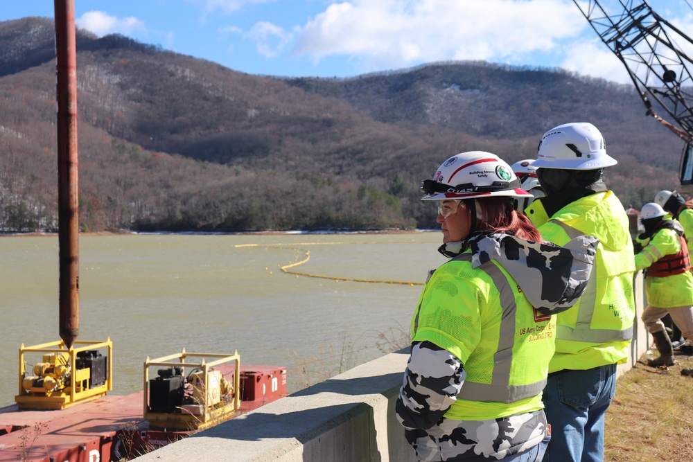 US Army Corps of Engineers USACE continues recovery efforts in Burnett Reservoir near Asheville, North Carolina following Hurricane Helene