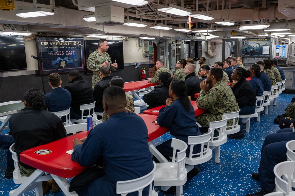 ESG 7 Leadership Meets With Sasebo Waterfront Junior Enlisted aboard USS America (LHA 6)