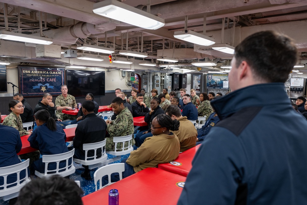 ESG 7 Leadership Meets With Sasebo Waterfront Junior Enlisted aboard USS America (LHA 6)