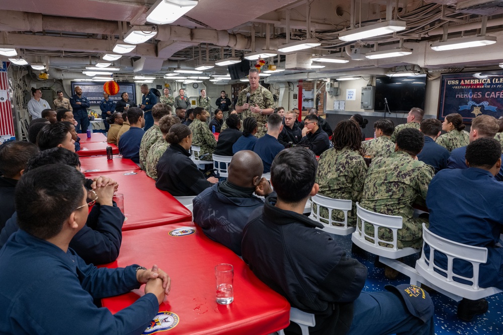 ESG 7 Leadership Meets With Sasebo Waterfront Junior Enlisted aboard USS America (LHA 6)