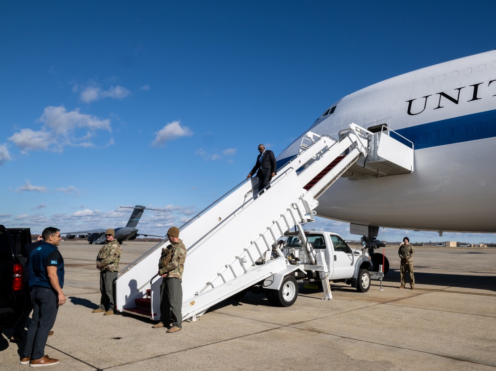 Secretary Austin departs Fiji, arrives at Joint Base Andrews