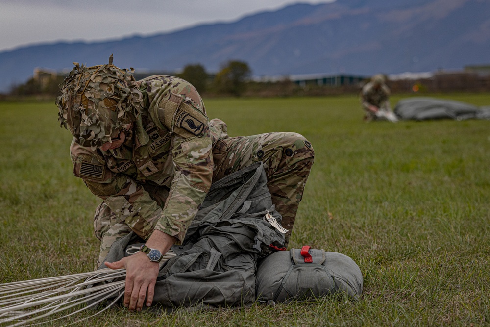 Paratroopers from the 173rd Airborne Brigade conduct a routine jump in Aviano