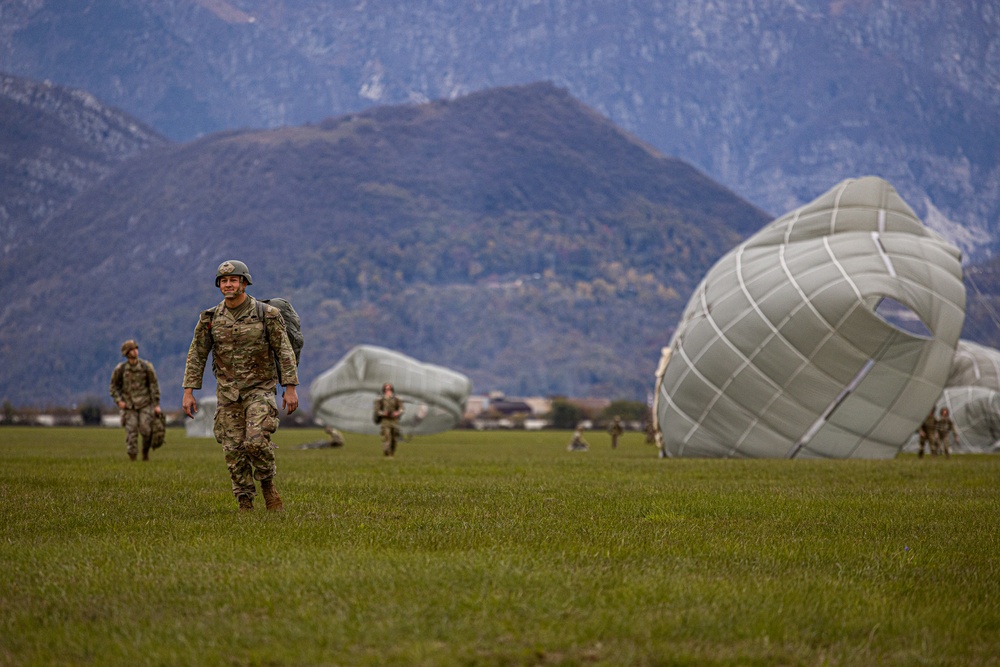 Paratroopers from the 173rd Airborne Brigade conduct a routine jump in Aviano