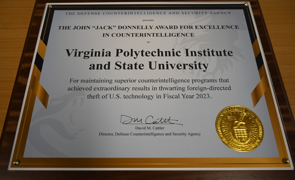 DCSA Director Presents Excellence in Counterintelligence Award to Virginia Tech