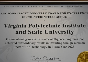 DCSA Director Presents Excellence in Counterintelligence Award to Virginia Tech