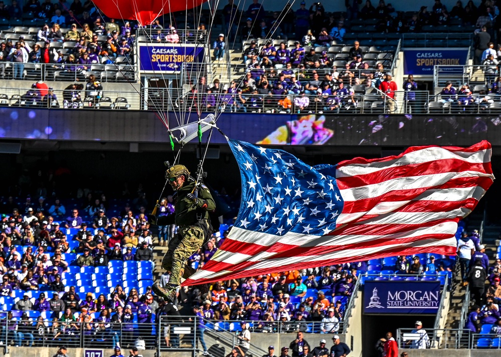 Maryland National Guard A-10C Thunderbolt II Flyover and Frog-X Jump at Baltimore Ravens Game