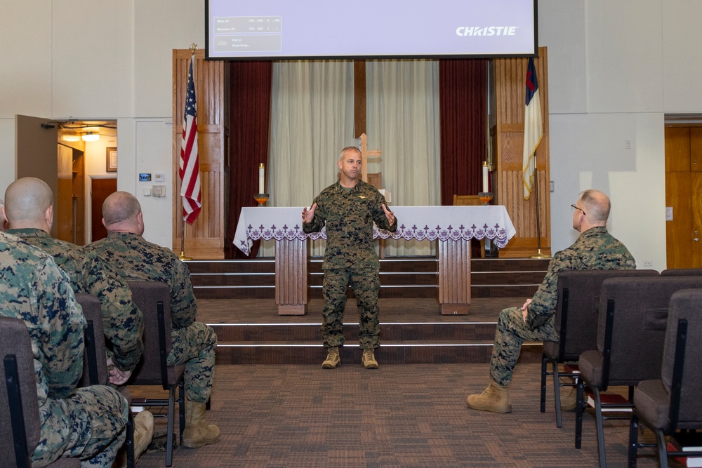 The Chaplain of the Marine Corps speaks to 3rd MAW Marines