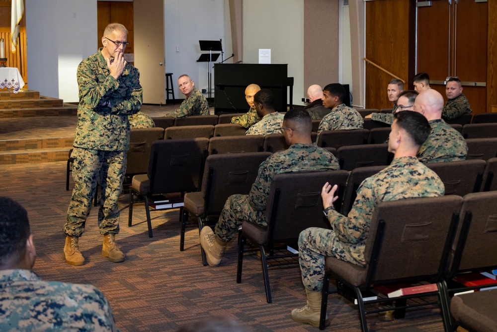 The Chaplain of the Marine Corps speaks to 3rd MAW Marines