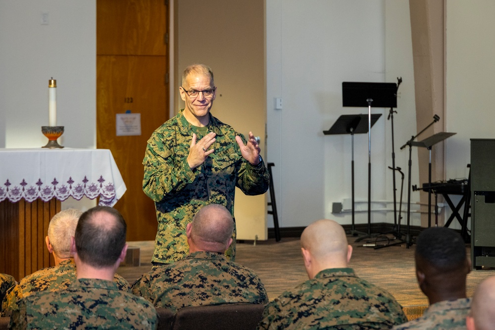 The Chaplain of the Marine Corps speaks to 3rd MAW Marines